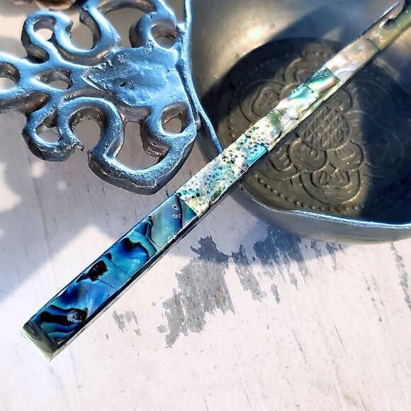 Natural Philippines Iridescent Paua Abalone Shell 7" Long Artisan Hair Stick - Picture 12 of 12